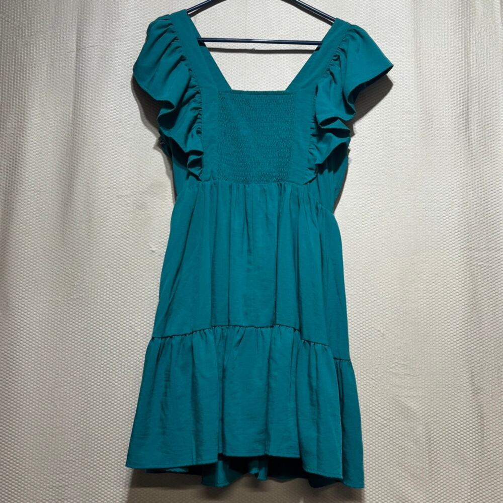 Entro Teal Green Ruffle Mini Dress Medium Flutter Sleeve Smocked Tiered Boho - Picture 9 of 10